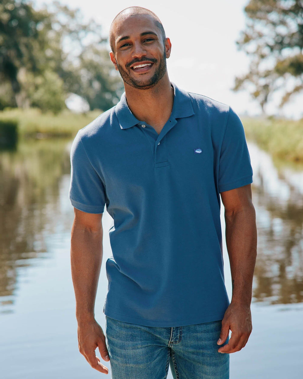 The front view of the Southern Tide New Skipjack Polo Shirt by Southern Tide - Blue Haze