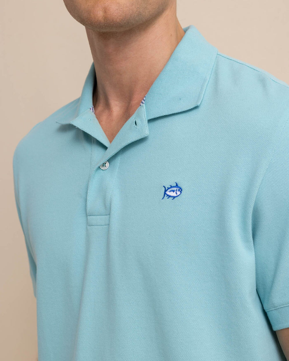 The detail view of the skipjack-polo-shirt-sale by Southern Tide - Marine Blue