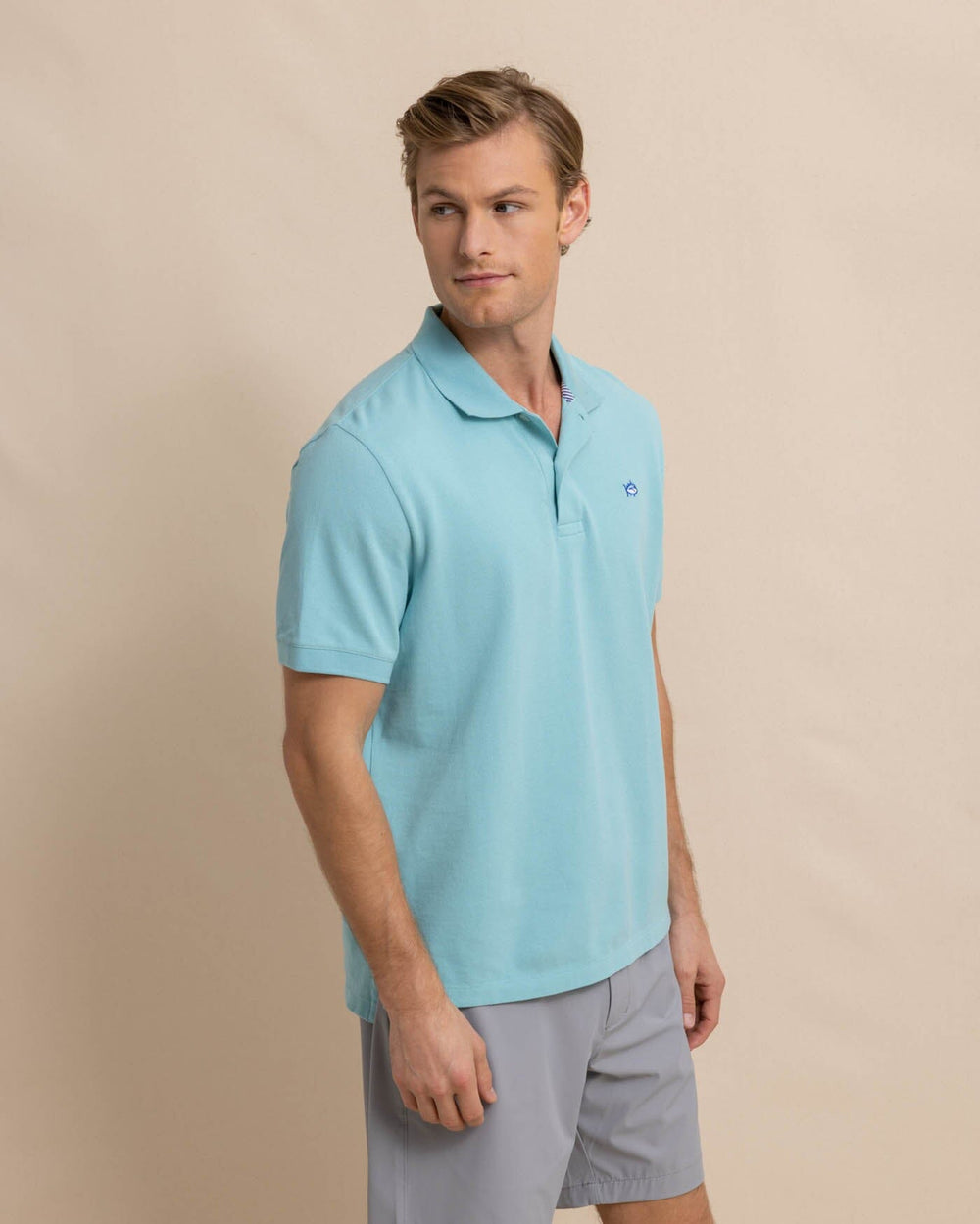 The front view of the skipjack-polo-shirt-sale by Southern Tide - Marine Blue