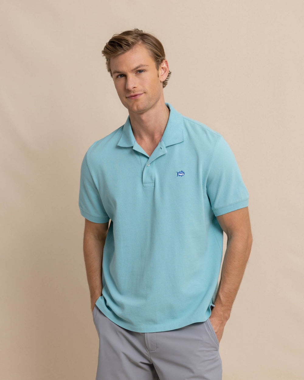 The front view of the skipjack-polo-shirt-sale by Southern Tide - Marine Blue