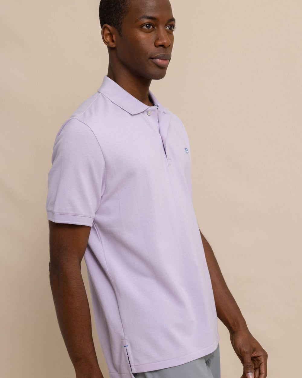 The front view of the skipjack-polo-shirt-sale by Southern Tide - Orchid Petal