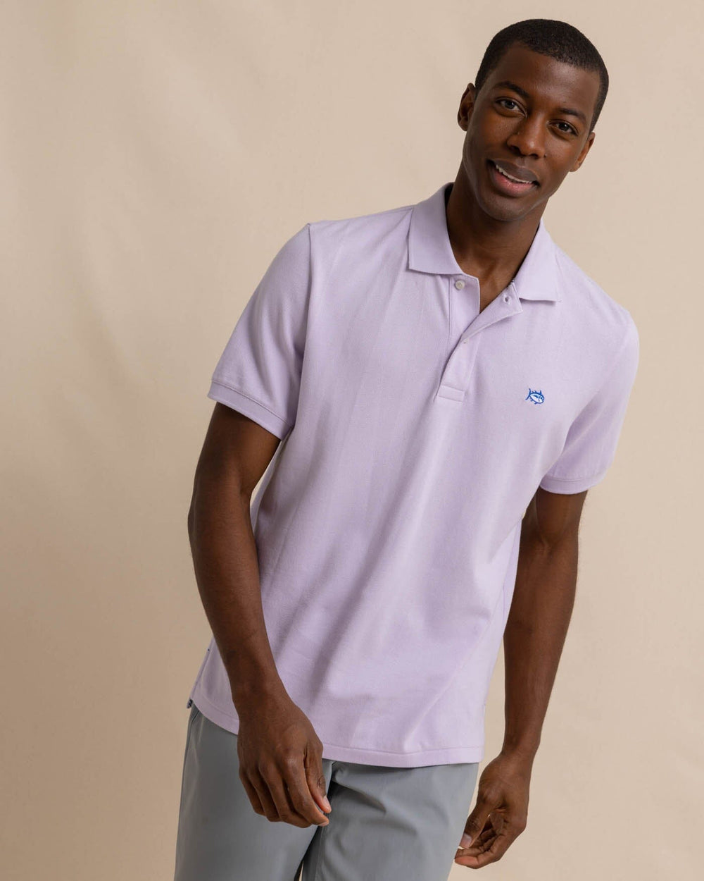 The front view of the skipjack-polo-shirt-sale by Southern Tide - Orchid Petal