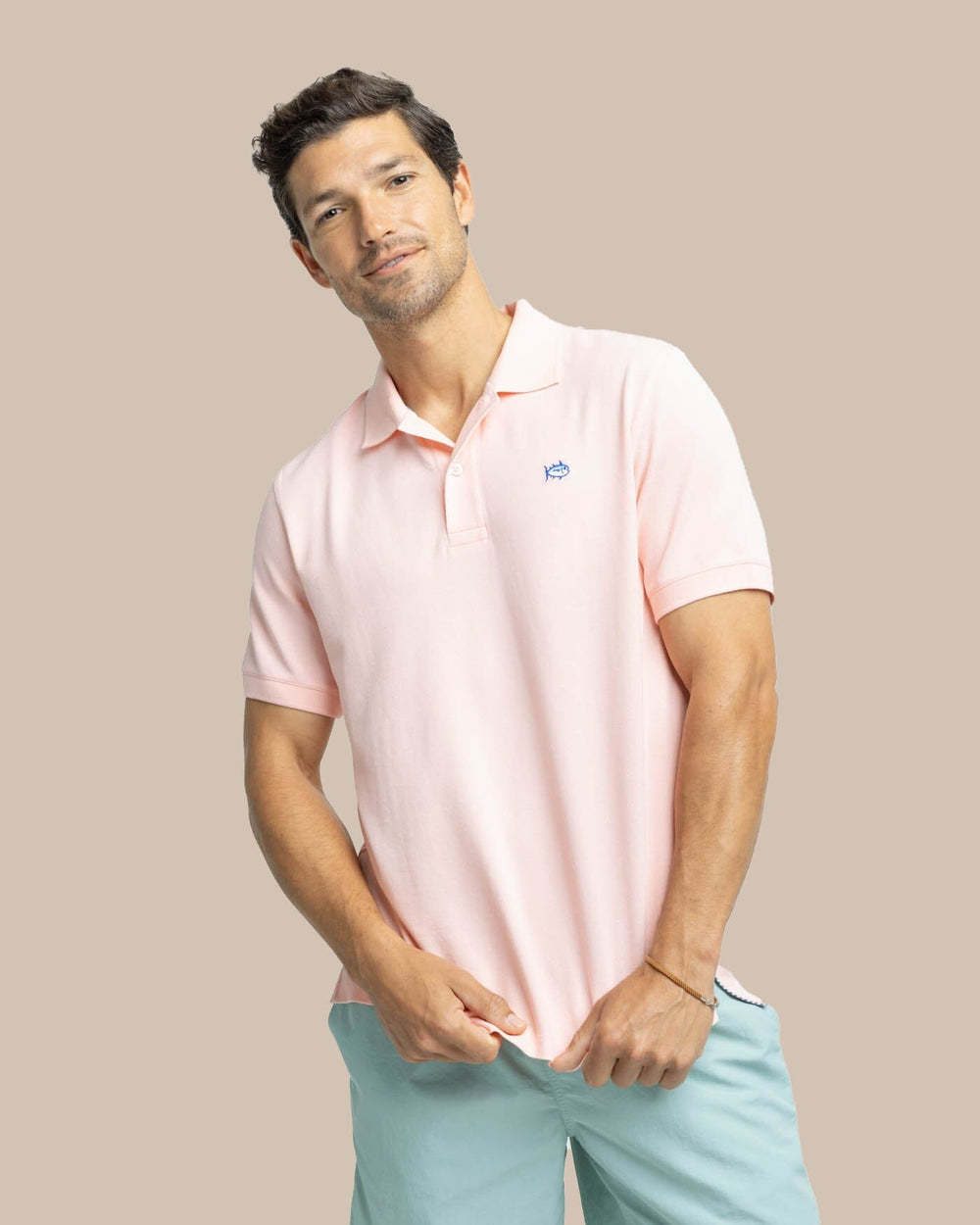 The front view of the Men's New Skipjack Polo Shirt by Southern Tide - Pale Rosette Pink