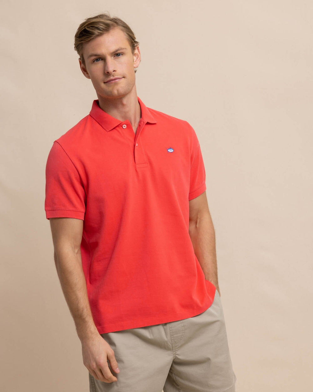 The front view of the new-skipjack-polo-shirt by Southern Tide - Paprika Red