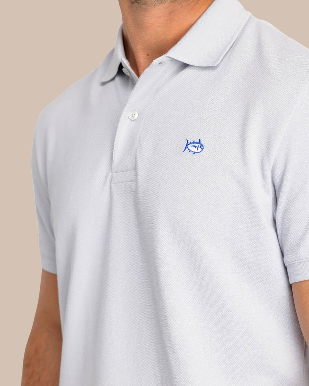 The detail view of the Men's New Skipjack Polo Shirt by Southern Tide - Slate Grey