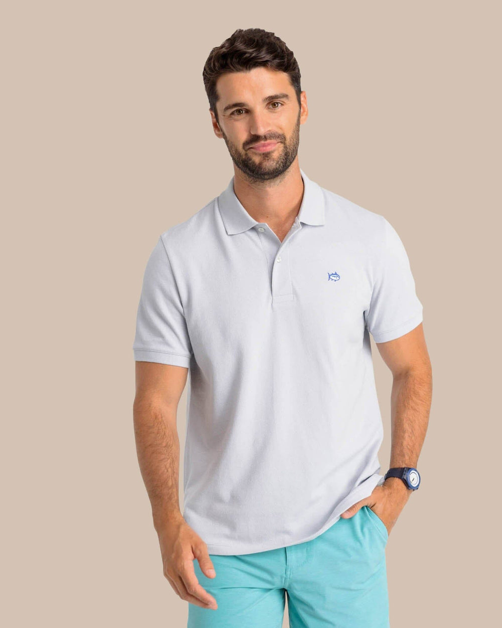 The model front view of the Men's New Skipjack Polo Shirt by Southern Tide - Slate Grey
