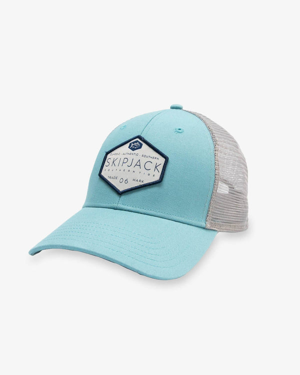 The front view of the Southern Tide Kids Skipjack Trademark Trucker Hat by Southern Tide - Blue