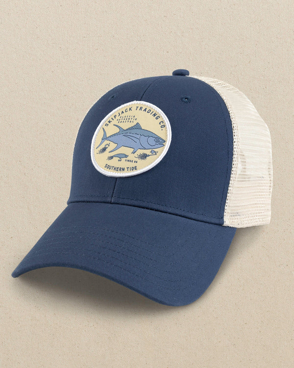 The front view of the Southern Tide Skipjack Trading Co. Trucker Hat by Southern Tide - Aged Denim