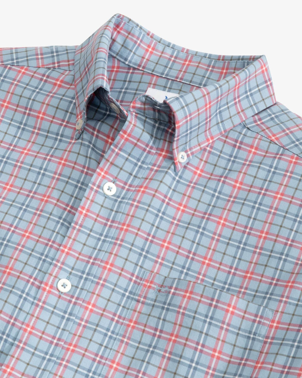 The detail view of the Southern Tide Skipjack Woodward Plaid Sport Shirt by Southern Tide - Mountain Spring Blue