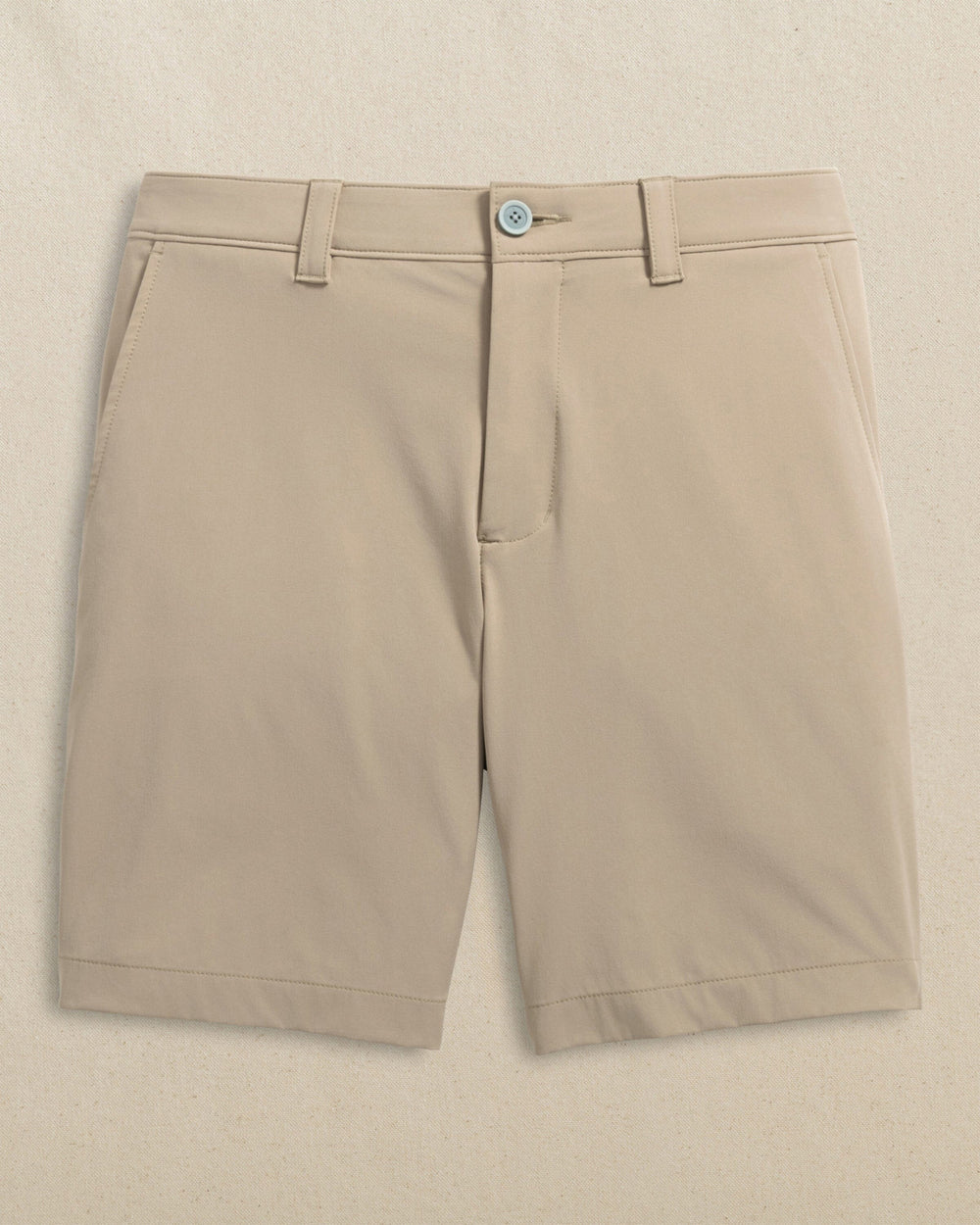 The front view of the Southern Tide SMU Mustangs Birdie 8" Coastal Breeze® Performance Short by Southern Tide - Sandstone Khaki