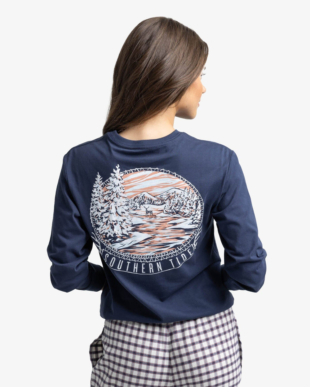 The back view of the Southern Tide Snowy Scene Long Sleeve T-Shirt by Southern Tide - True Navy