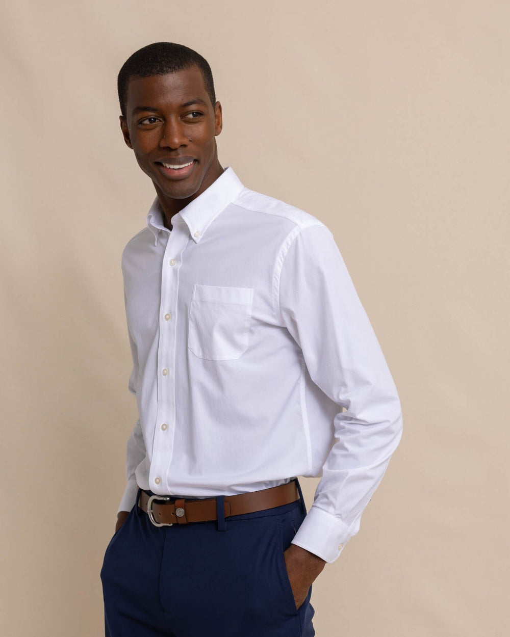 The front view of the Men's Solid Brrr® Intercoastal Performance Sport Shirt by Southern Tide - Classic White