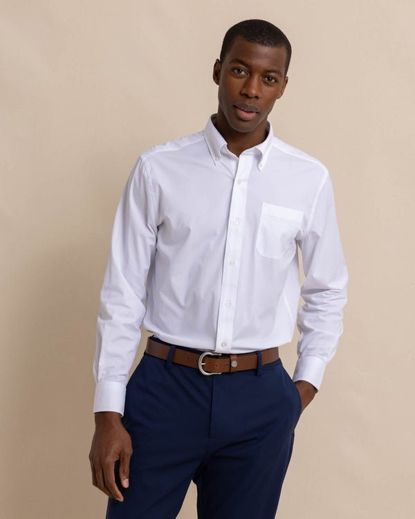The front view of the Men's Solid Brrr® Intercoastal Performance Sport Shirt by Southern Tide - Classic White