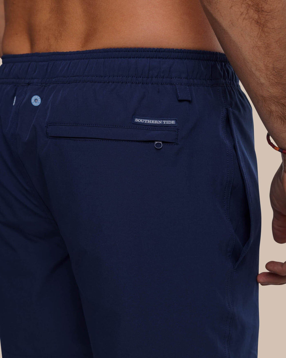 The detail view of the Southern Tide Solid Swim Trunk 3 by Southern Tide - True Navy