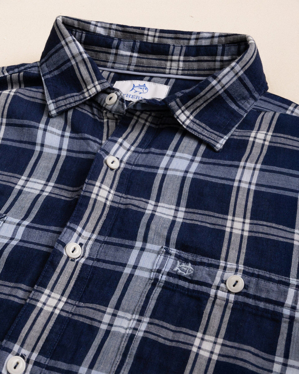 The detail view of the Southern Tide Somerset Plaid Heather Double Cloth Long Sleeve Sport Shirt by Southern Tide - Heather Dress Blue