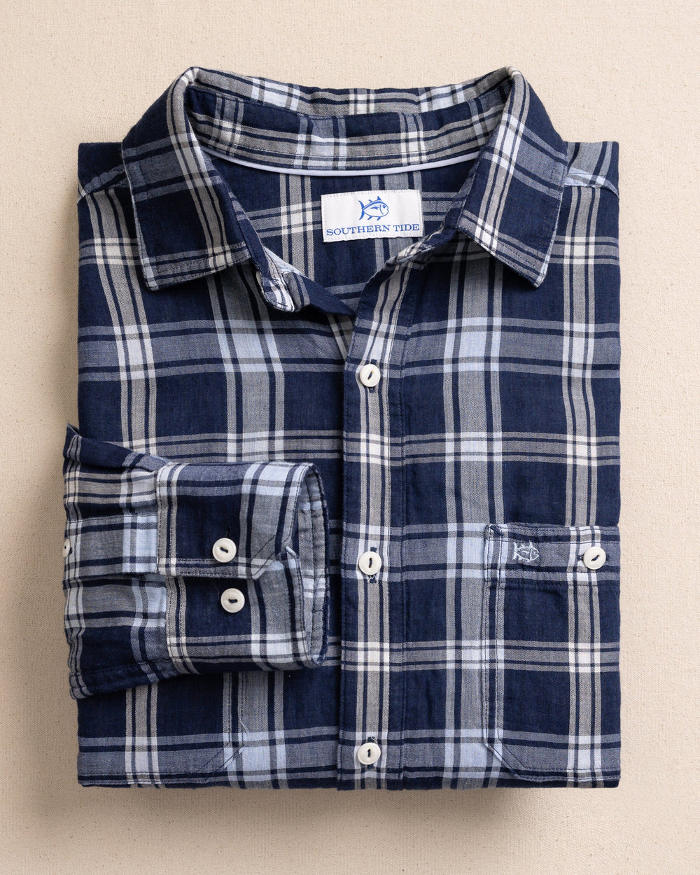The front view of the Southern Tide Somerset Plaid Heather Double Cloth Long Sleeve Sport Shirt by Southern Tide - Heather Dress Blue