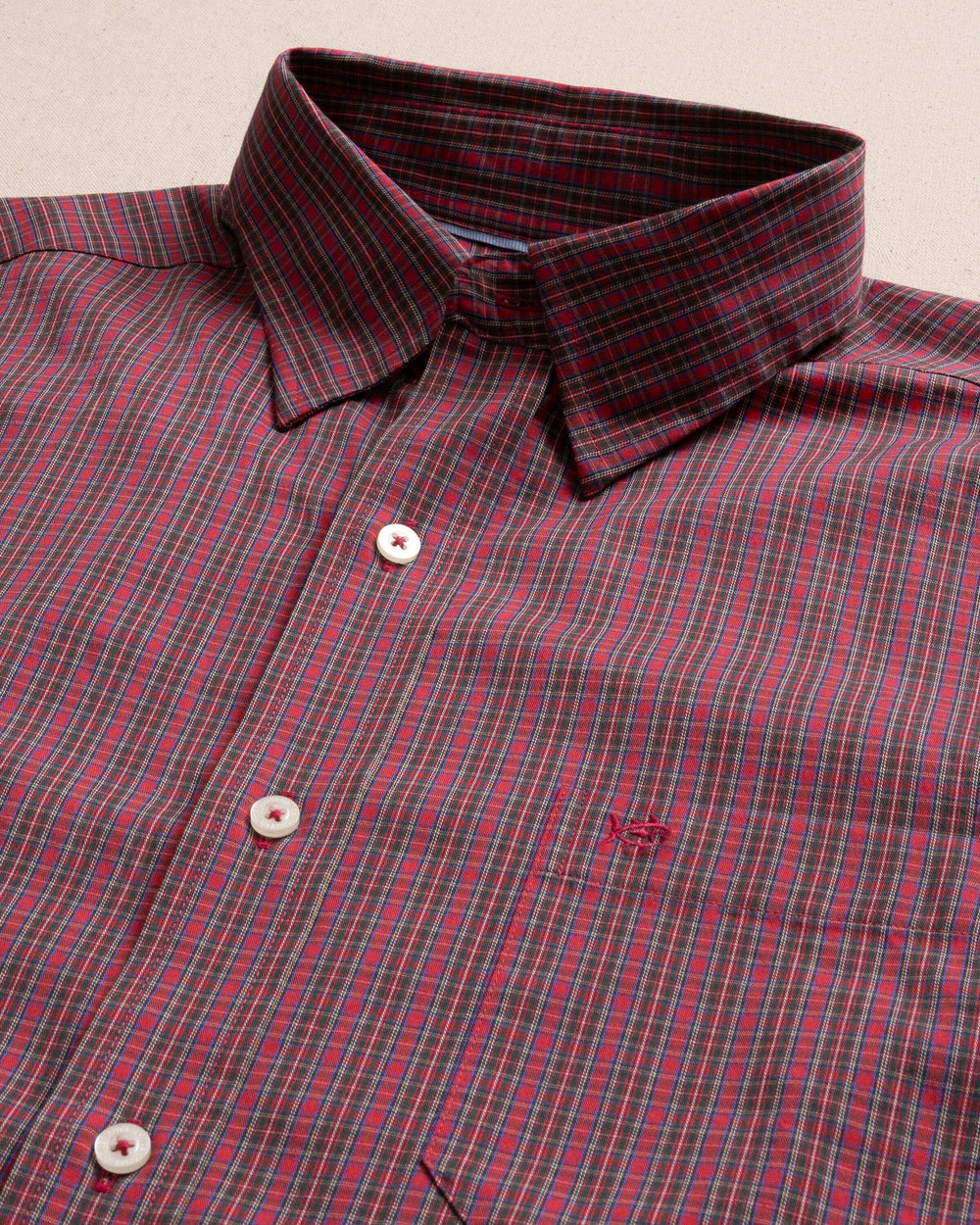 The detail view of the Southern Tide South Carolina Tartan Charleston Sport Shirt by Southern Tide - Crab Red
