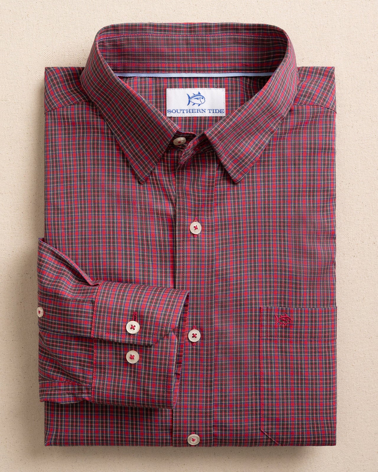 The front view of the Southern Tide South Carolina Tartan Charleston Sport Shirt by Southern Tide - Crab Red
