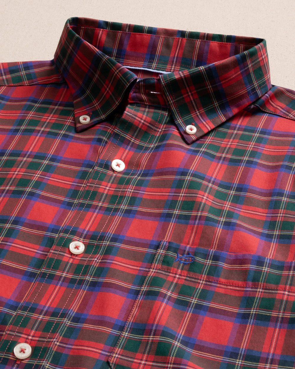 The detail view of the Southern Tide South Carolina Tartan Skipjack Sport Shirt by Southern Tide - Crab Red