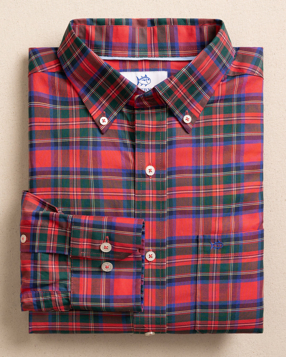 The front view of the Southern Tide South Carolina Tartan Skipjack Sport Shirt by Southern Tide - Crab Red