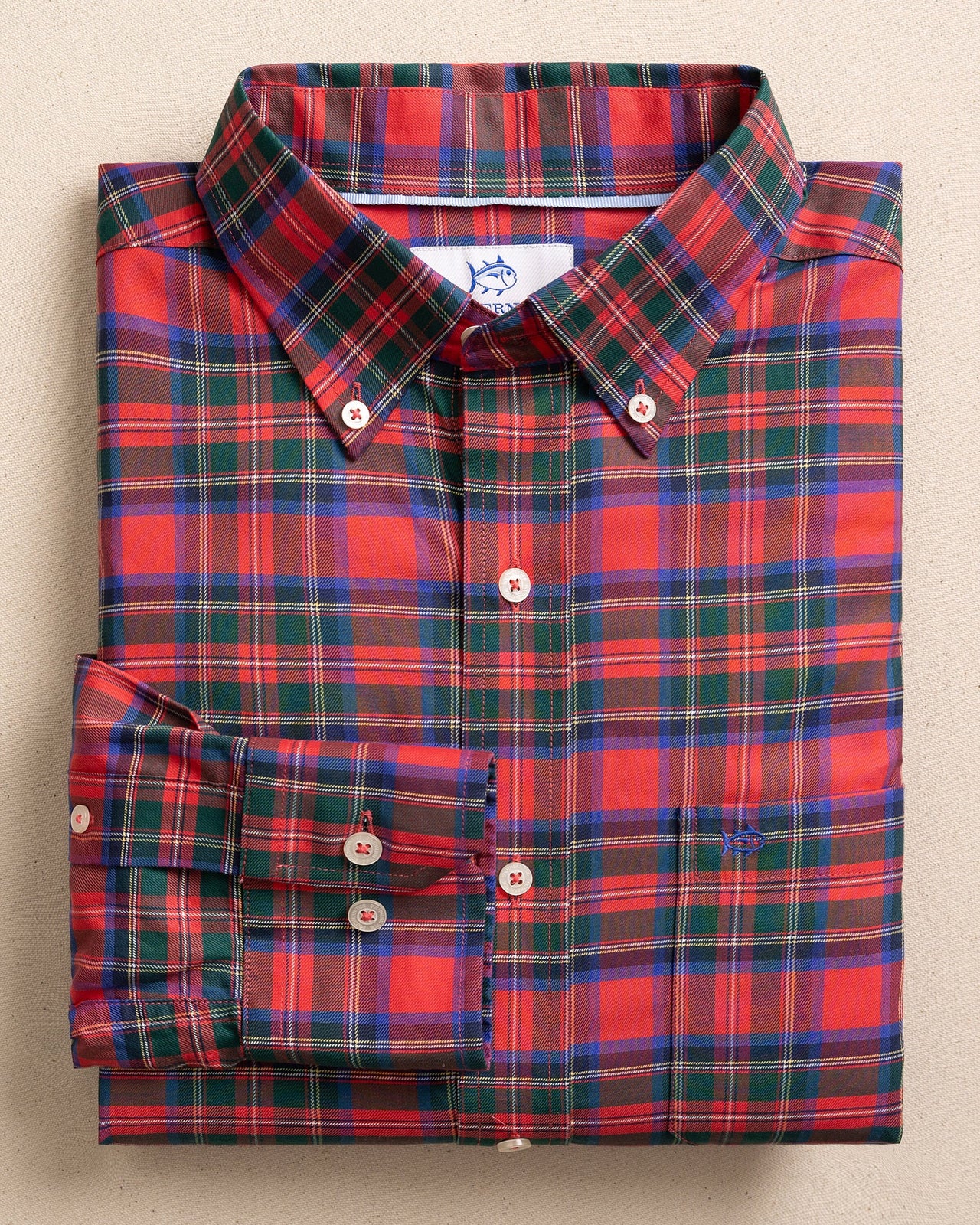 The front view of the Southern Tide South Carolina Tartan Skipjack Sport Shirt by Southern Tide - Crab Red