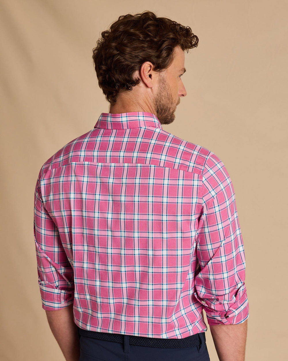 The back view of the Southern Tide South Woods Heather Coastal Breeze® Sport Shirt by Southern Tide - Heather Boat Lily