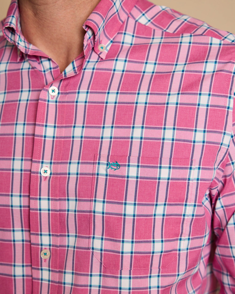 The detail view of the Southern Tide South Woods Heather Coastal Breeze® Sport Shirt by Southern Tide - Heather Boat Lily