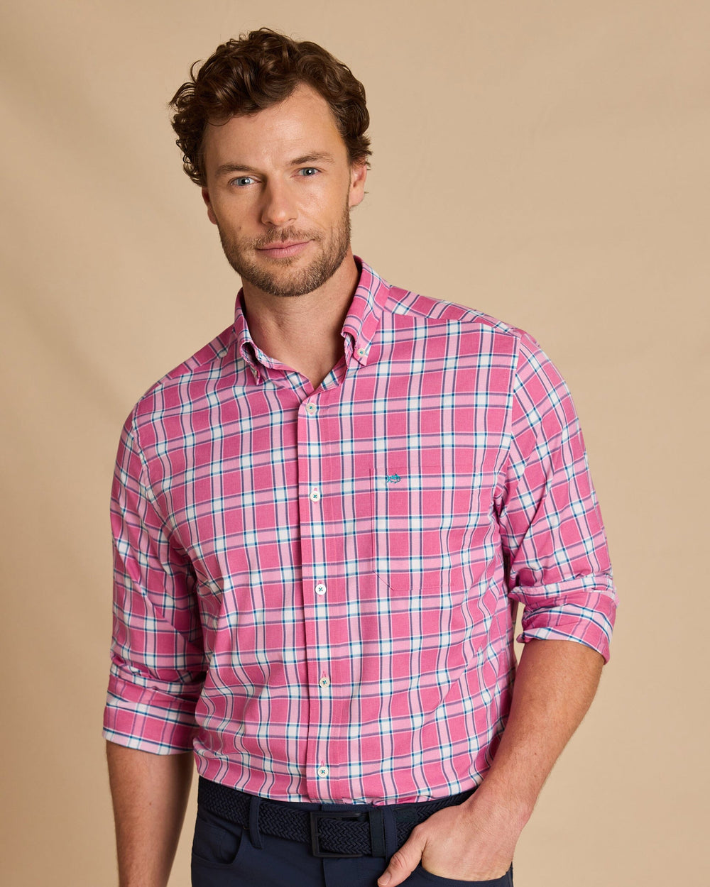 The front view of the Southern Tide South Woods Heather Coastal Breeze® Sport Shirt by Southern Tide - Heather Boat Lily
