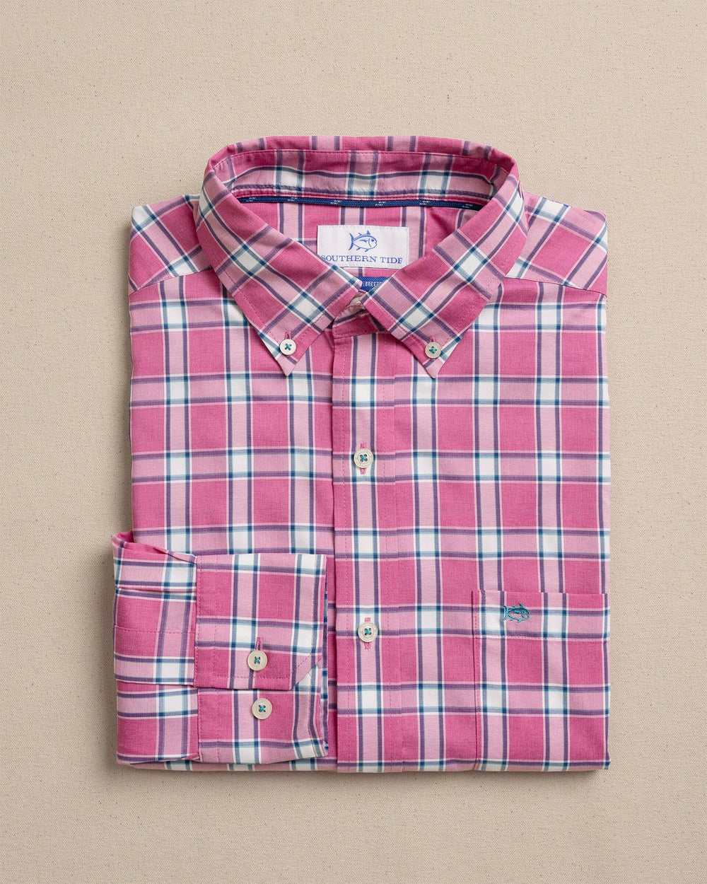 The front view of the Southern Tide South Woods Heather Coastal Breeze® Sport Shirt by Southern Tide - Heather Boat Lily