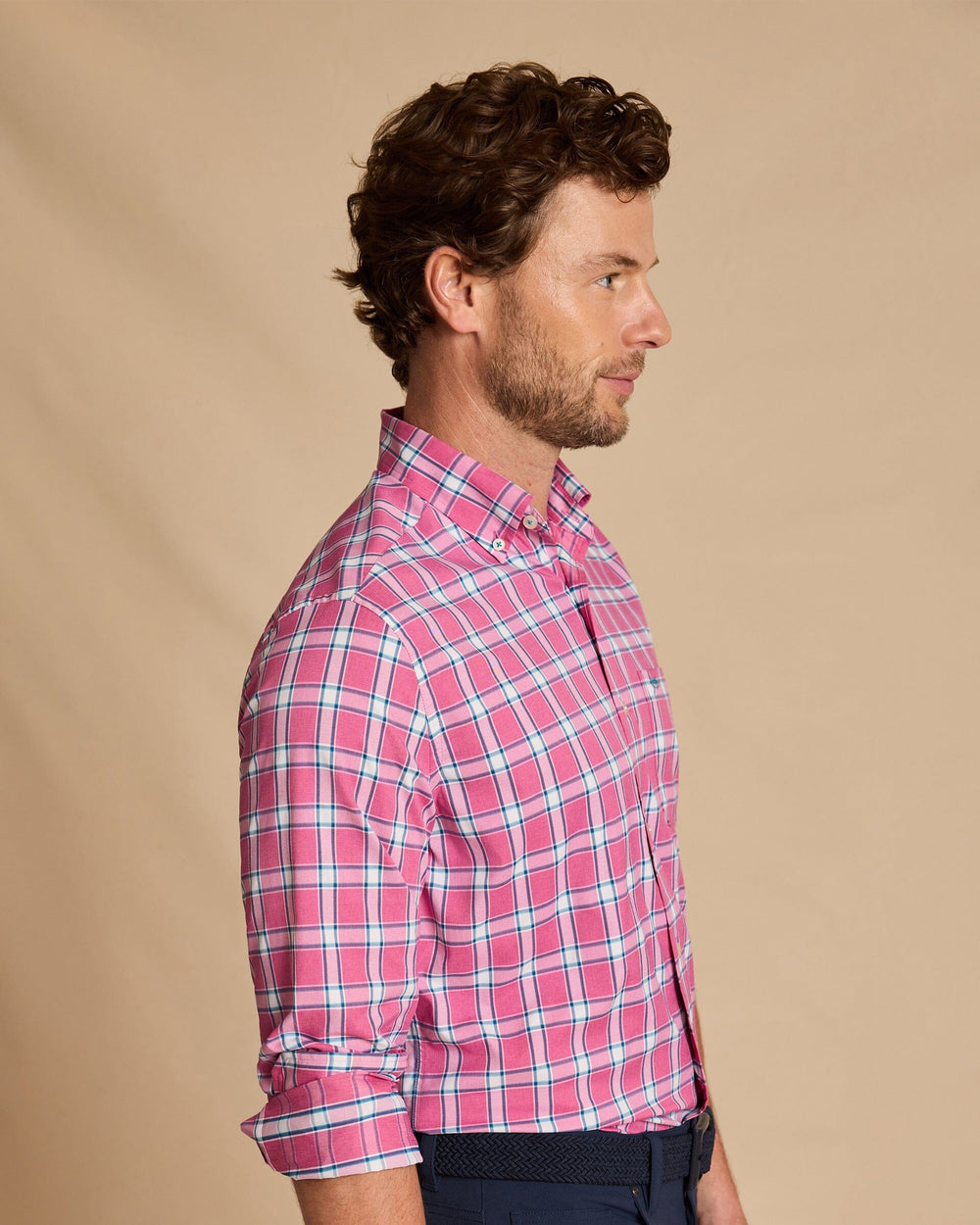 The side view of the Southern Tide South Woods Heather Coastal Breeze® Sport Shirt by Southern Tide - Heather Boat Lily
