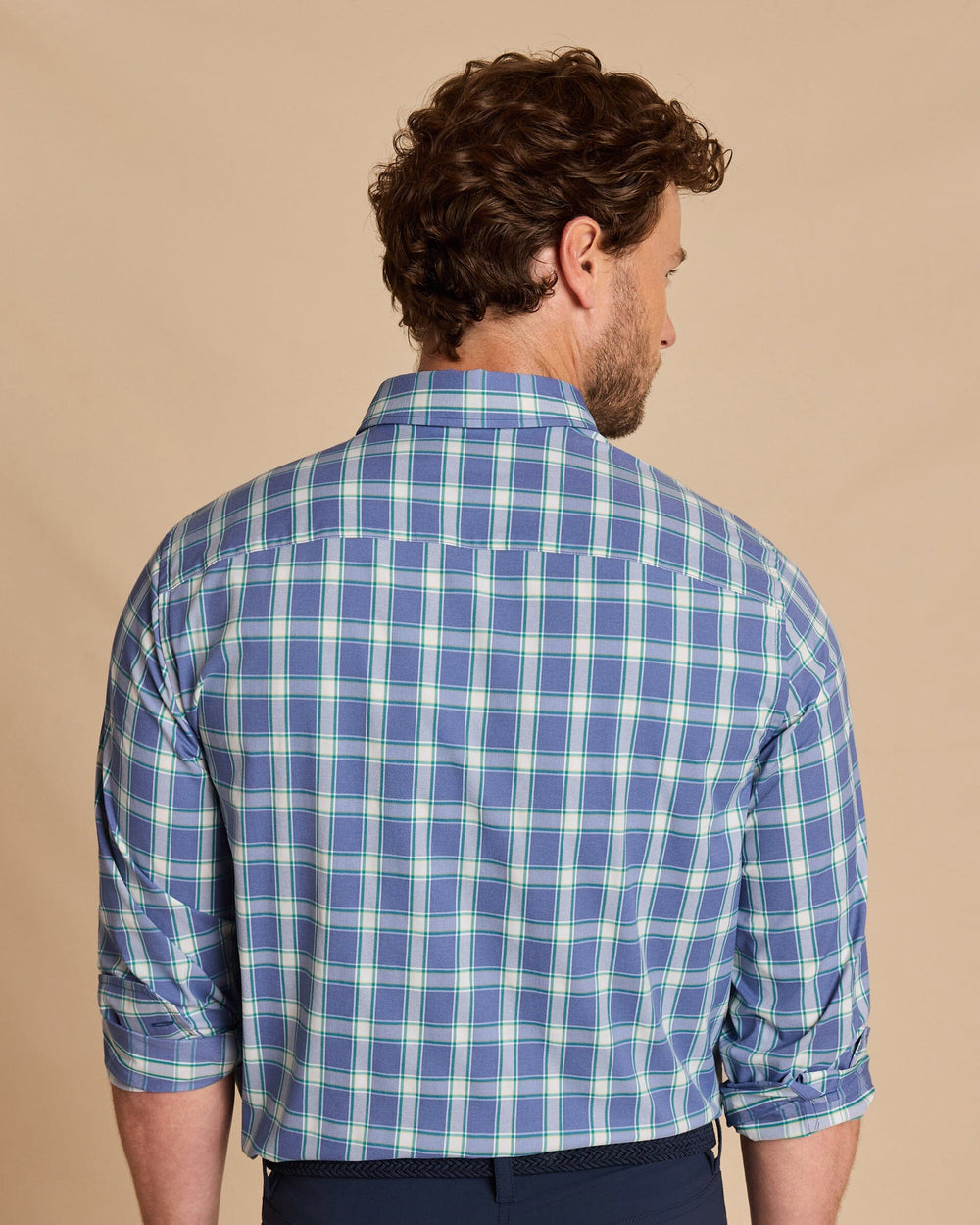The back view of the Southern Tide South Woods Heather Coastal Breeze® Sport Shirt by Southern Tide - Heather Nautical Blue
