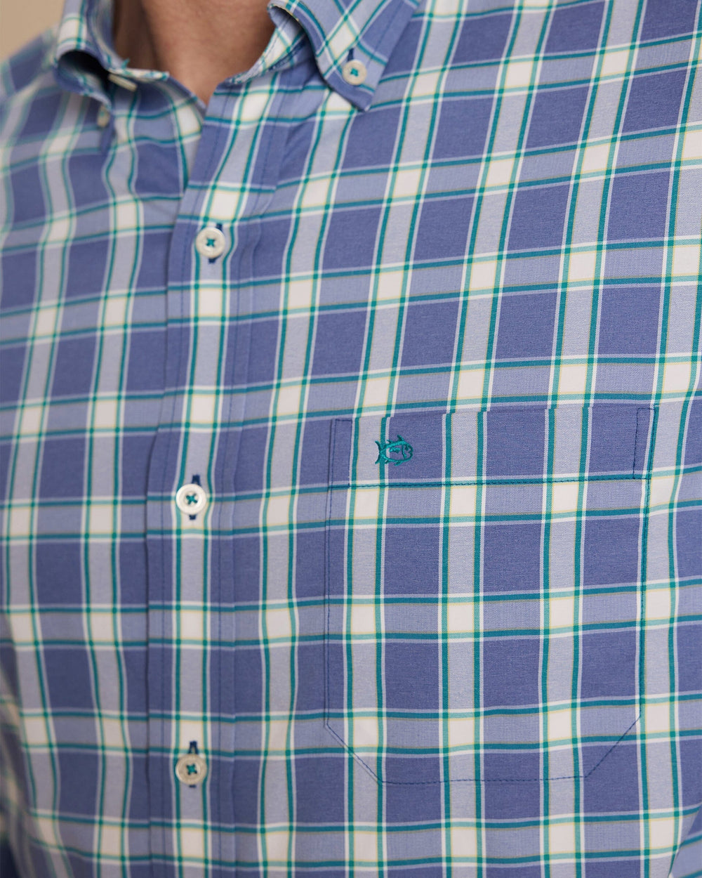 The detail view of the Southern Tide South Woods Heather Coastal Breeze® Sport Shirt by Southern Tide - Heather Nautical Blue