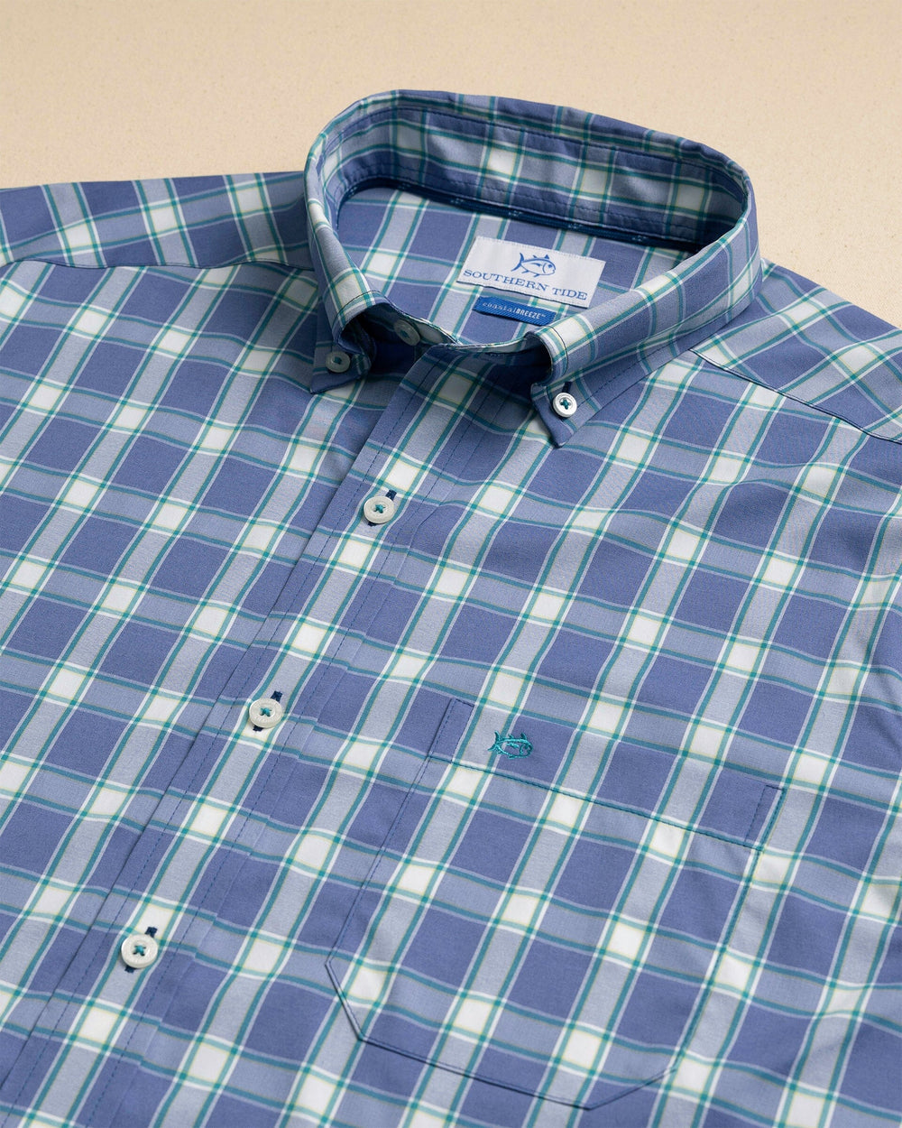 The detail view of the Southern Tide South Woods Heather Coastal Breeze® Sport Shirt by Southern Tide - Heather Nautical Blue