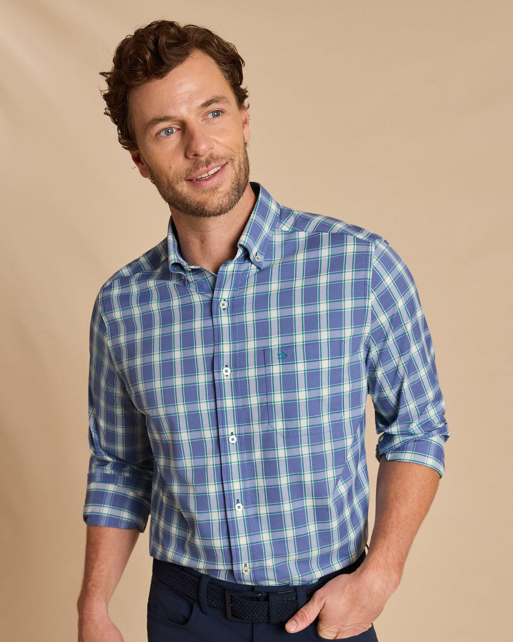 The front view of the Southern Tide South Woods Heather Coastal Breeze® Sport Shirt by Southern Tide - Heather Nautical Blue