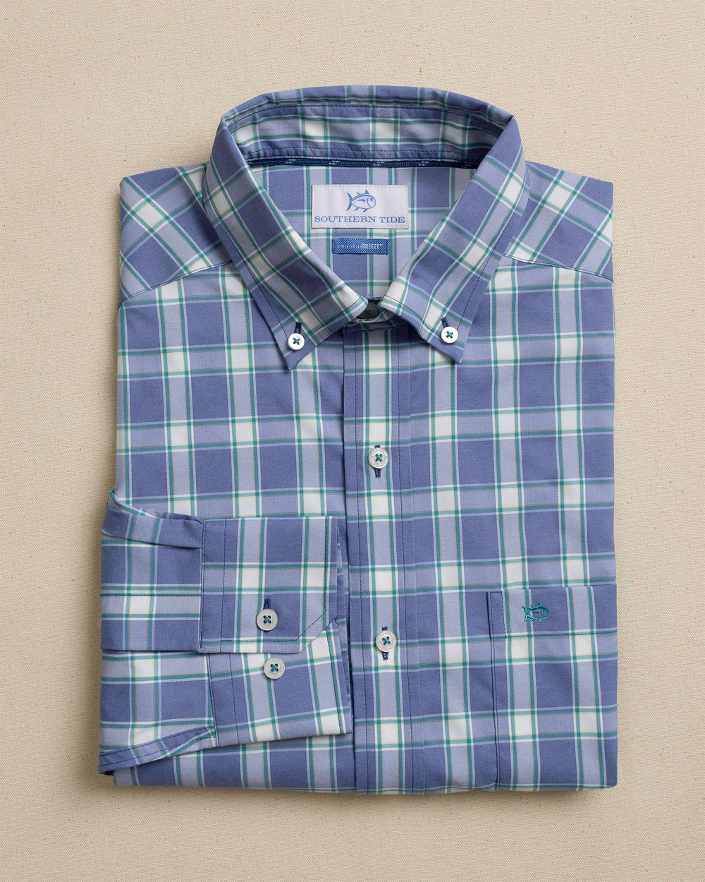 The front view of the Southern Tide South Woods Heather Coastal Breeze® Sport Shirt by Southern Tide - Heather Nautical Blue
