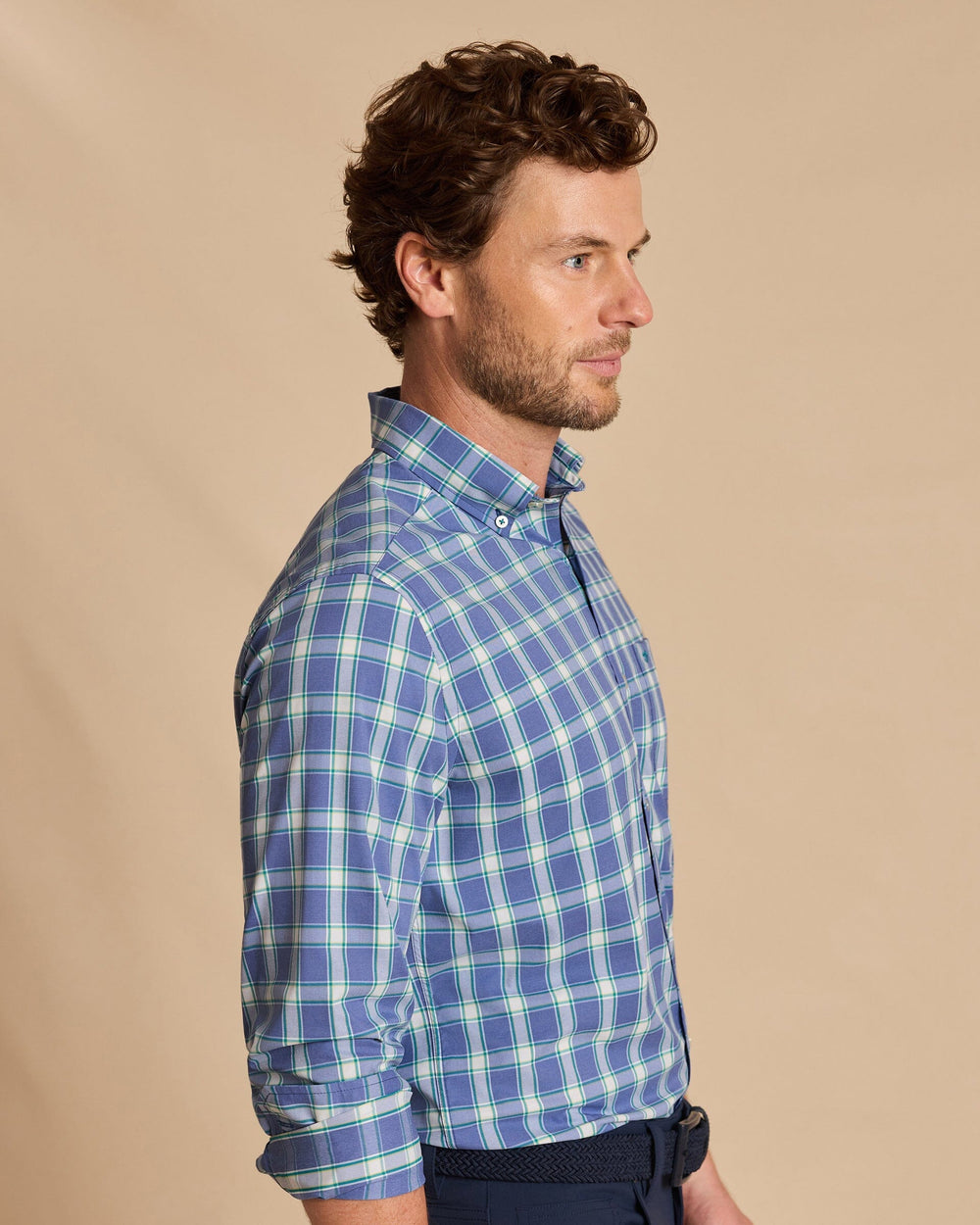 The side view of the Southern Tide South Woods Heather Coastal Breeze® Sport Shirt by Southern Tide - Heather Nautical Blue