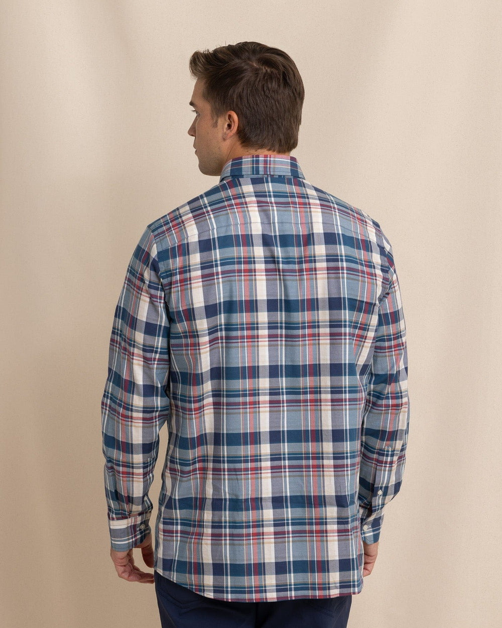 The back view of the Southern Tide Southern Shores Plaid Skipjack Long Sleeve Sport Shirt by Southern Tide - Dress Blue