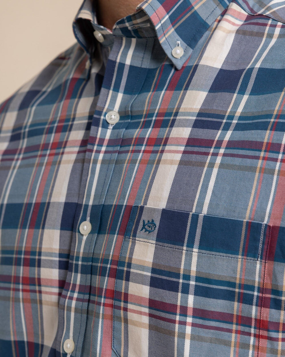 The detail view of the Southern Tide Southern Shores Plaid Skipjack Long Sleeve Sport Shirt by Southern Tide - Dress Blue