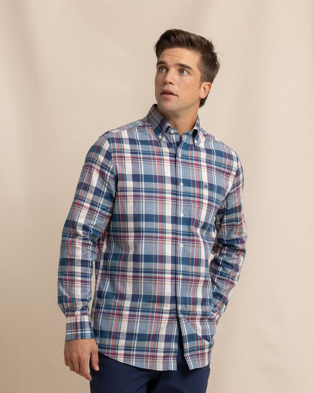 The front view of the Southern Tide Southern Shores Plaid Skipjack Long Sleeve Sport Shirt by Southern Tide - Dress Blue