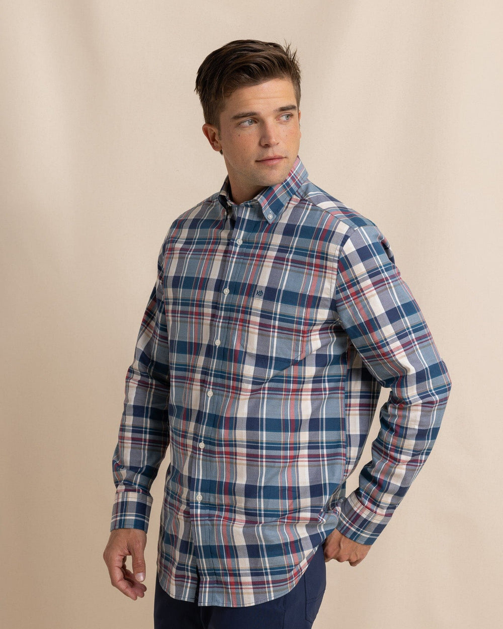 The side view of the Southern Tide Southern Shores Plaid Skipjack Long Sleeve Sport Shirt by Southern Tide - Dress Blue