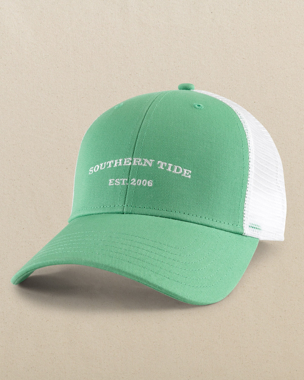 The front view of the Southern Tide Arc Trucker Hat by Southern Tide - Jade Green