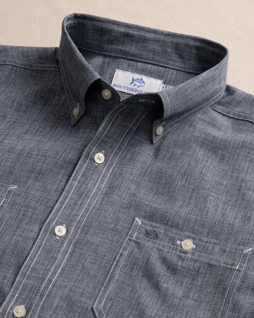 The detail view of the Southern Tide Dock Shirt by Southern Tide - Seven Seas Blue