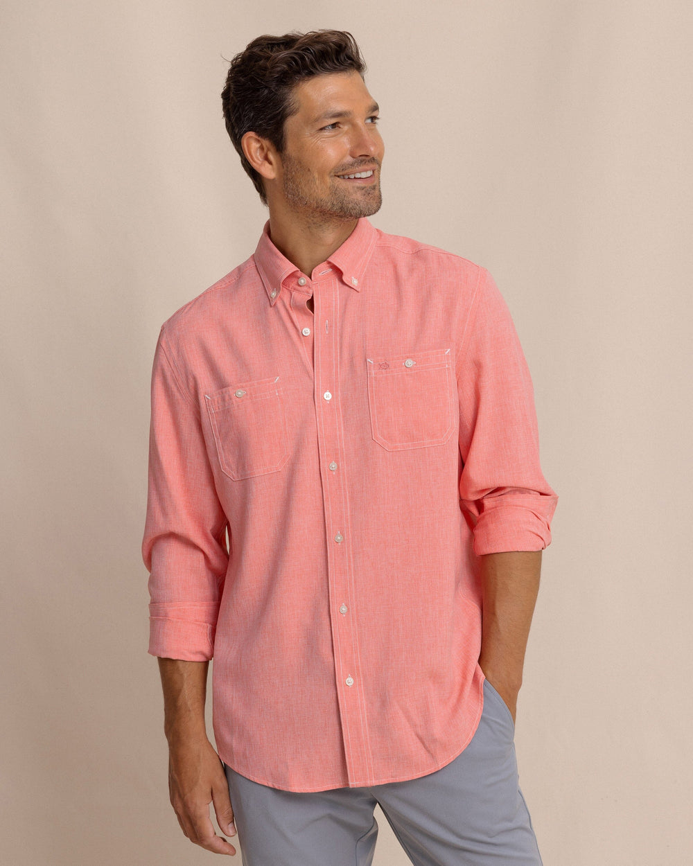 The front view of the Southern Tide Southern Tide Dock Shirt by Southern Tide - Sunkist Coral