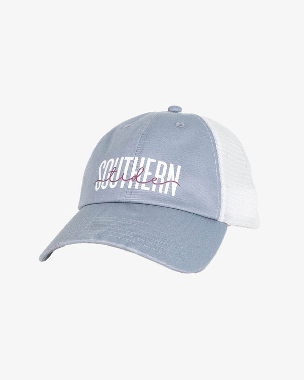 The front view of the Southern Tide Southern Tide Print Trucker Hat by Southern Tide - Light Grey
