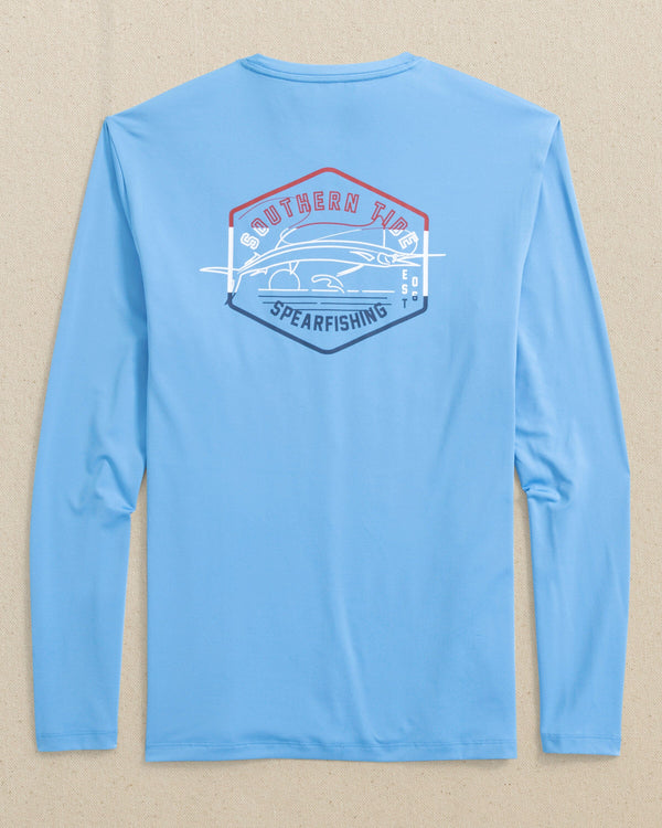 The back view of the Southern Tide Spearfishing Badge Long Sleeve Performance T-Shirt by Southern Tide - Boat Blue