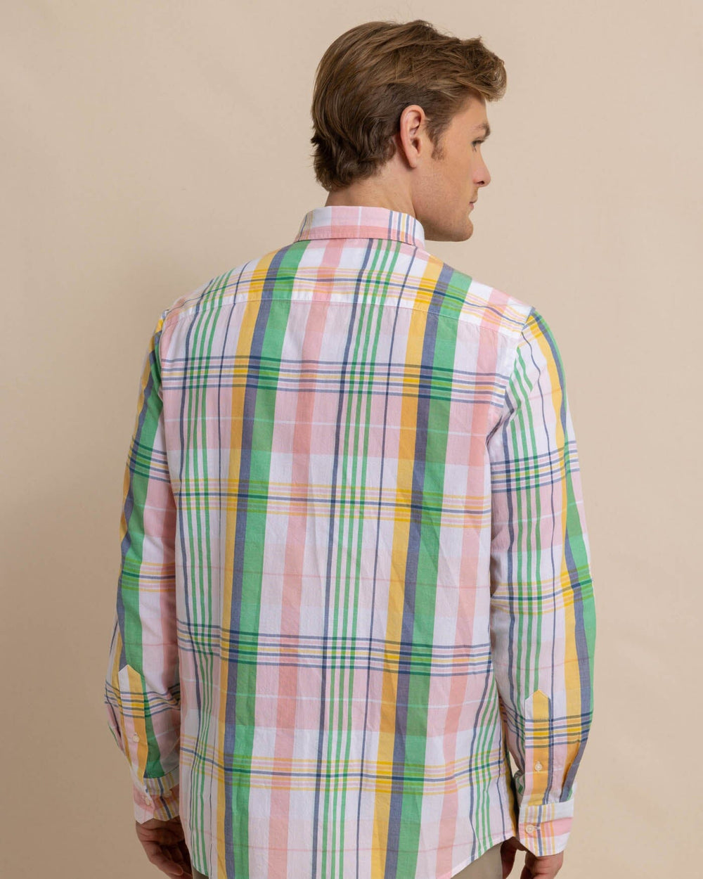 The back view of the Southern Tide Springers Point Madras Plaid Long Sleeve Sport Shirt by Southern Tide - Classic White