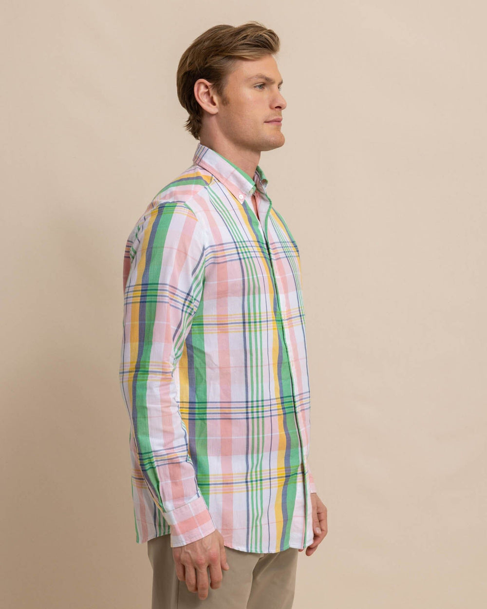 The front view of the Southern Tide Springers Point Madras Plaid Long Sleeve Sport Shirt by Southern Tide - Classic White