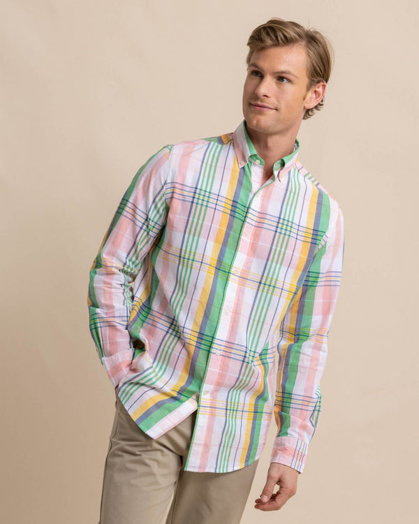The front view of the Southern Tide Springers Point Madras Plaid Long Sleeve Sport Shirt by Southern Tide - Classic White