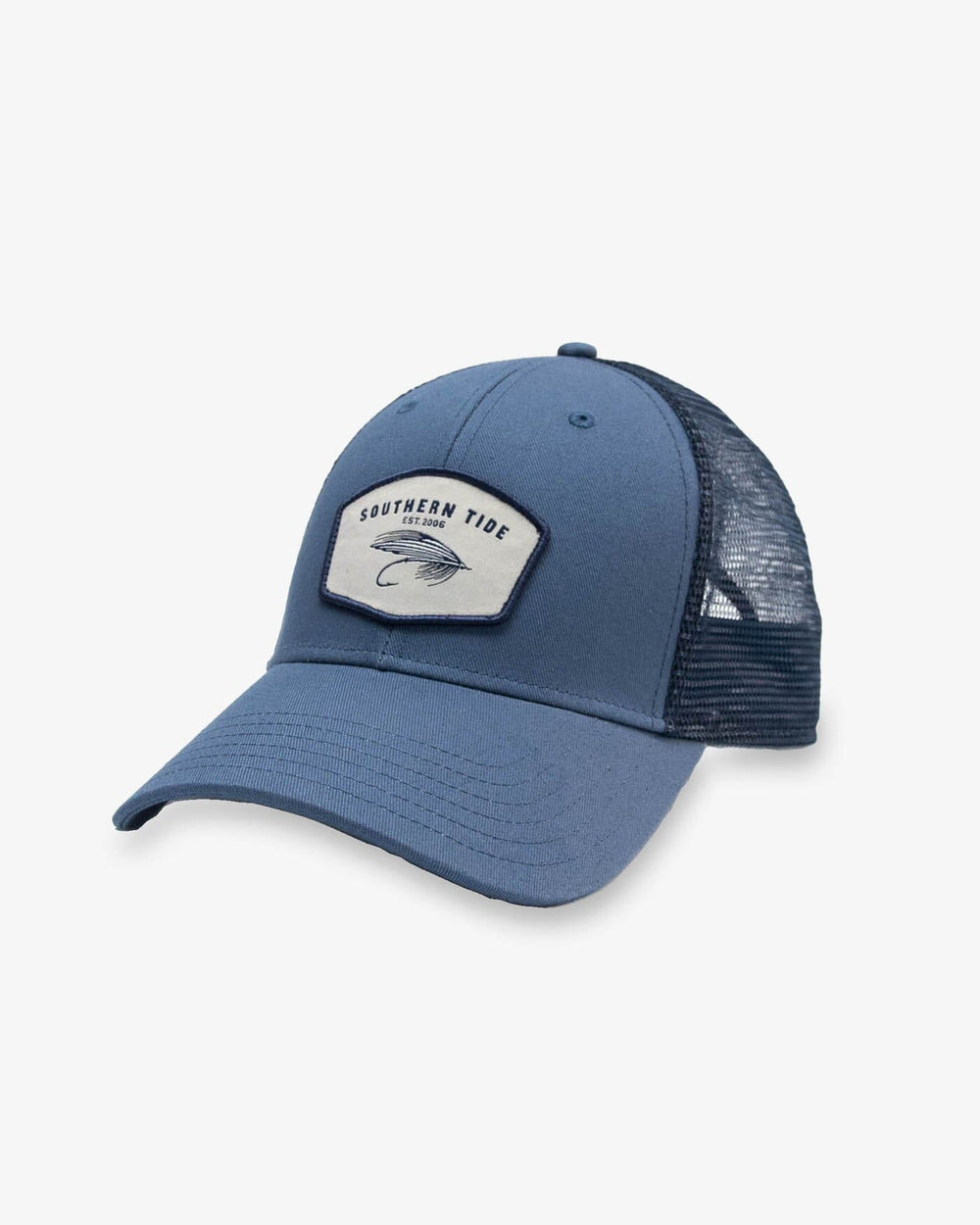 The front view of the Southern Tide ST Fly Trucker Hat by Southern Tide - Blue Ashes