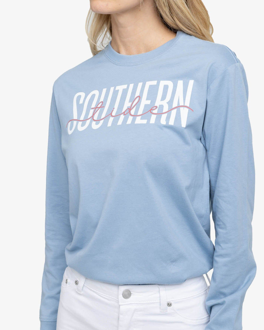 The detail view of the Southern Tide ST Front Print Long Sleeve T-Shirts by Southern Tide - Mountain Spring Blue